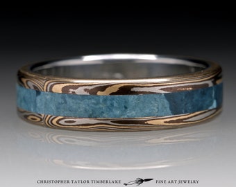 Mokume Gane 14K Yellow Gold, Palladium 950, and Shakudo Ring with Blue Jade Inlay