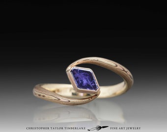 Mokume Gane 14K Rose Gold, 14K Yellow Gold, and Shakudo Purple Sapphire Ring