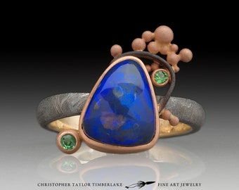 Meteorite 14kt Rose Gold Black Opal and Tsavorite 'The Space Between' Ring