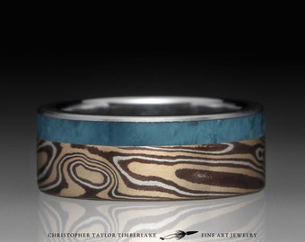 Mokume Gane 14K Yellow Gold, Sterling Silver, and Shakudo Ring with Blue Jade