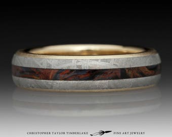 Meteorite and 10K Yellow Gold Ring with Pietersite Inlay