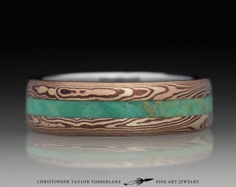 Mokume Gane 14K Yellow, 14K Rose, Shakudo with Green Turquoise Inlay