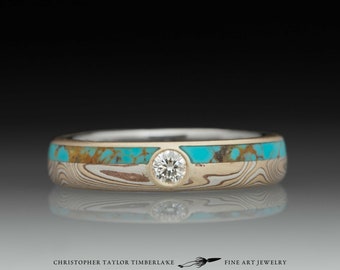 Mokumé Gane Turquoise and Diamond Ring