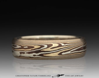 Mokumé Gane Band with 14K Yellow Gold, Sterling Silver, and Shakudo