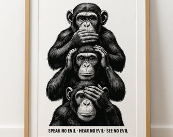 Minimalist Three Wise Monkeys Art – Digital Poster Download, Zen Animal Quote Wall Décor, Black and White Illustration