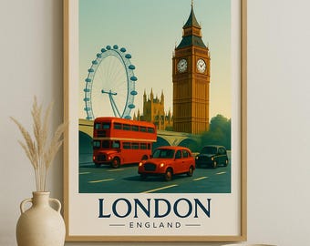 Vintage-Style London Travel Poster | Digital Download | Iconic Big Ben, London Eye & Red Buses Wall Art