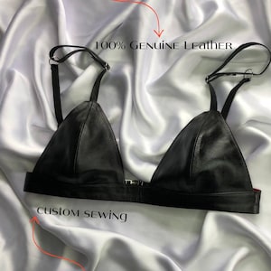 Handmade real leather bralette, genuine leather bra, red mesh lining, adjustable, Genuine black leather lingerie, Gift for her
