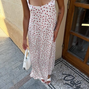 White Satin Maxi Slip Dress: Red Rose Print, Open Back