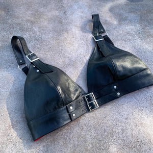Leather Bralette Top – Genuine Black Leather Bra with Buckles – Adjustable Harness Style Lingerie – Handmade Festival Outfit