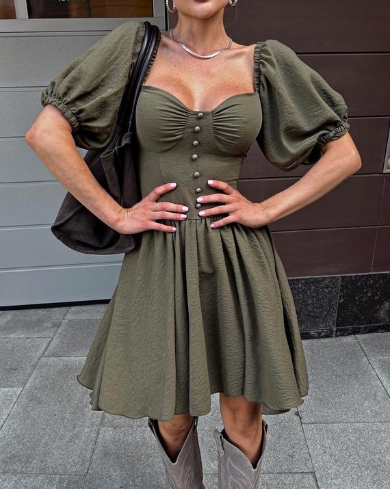 khaki green summer dress Cotton Mini Khaki, Puff Sleeve Off Shoulder Dress, Lace Up Back Dress, Cottagecore Romantic Dress Womens dresses