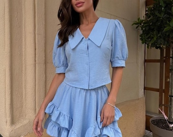 Two Piece Set Women | Blue Skirt Set | Cotton Co-ord Set | Short Sleeve Top and Skirt Set | 100% Cotton Summer Set