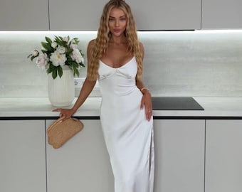 White Slip Dress | White Satin Dress | Satin Midi Dress with Slit | V Neck Slip Dress | Lace Up Back Dress