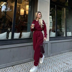 Burgundy Winter Jumpsuit for Women – Warm Fleece Lined Hoodie Romper, Cozy One Piece Loungewear, Casual Streetwear Outfit