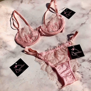 Handmade Pink Satin and French Lace Lingerie Set, Bridal Lingerie, Gift for Her, Romantic Bra  Panties, Satin Underwire Bra, Lace Underwear