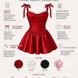 May include: A red satin mini dress with a structured corset bodice, adjustable tie straps, and a flared skirt. The image includes text labels detailing features like a lace-up back, built-in shorts, and a double-layer design, with color swatches for red, white, black, and pink.