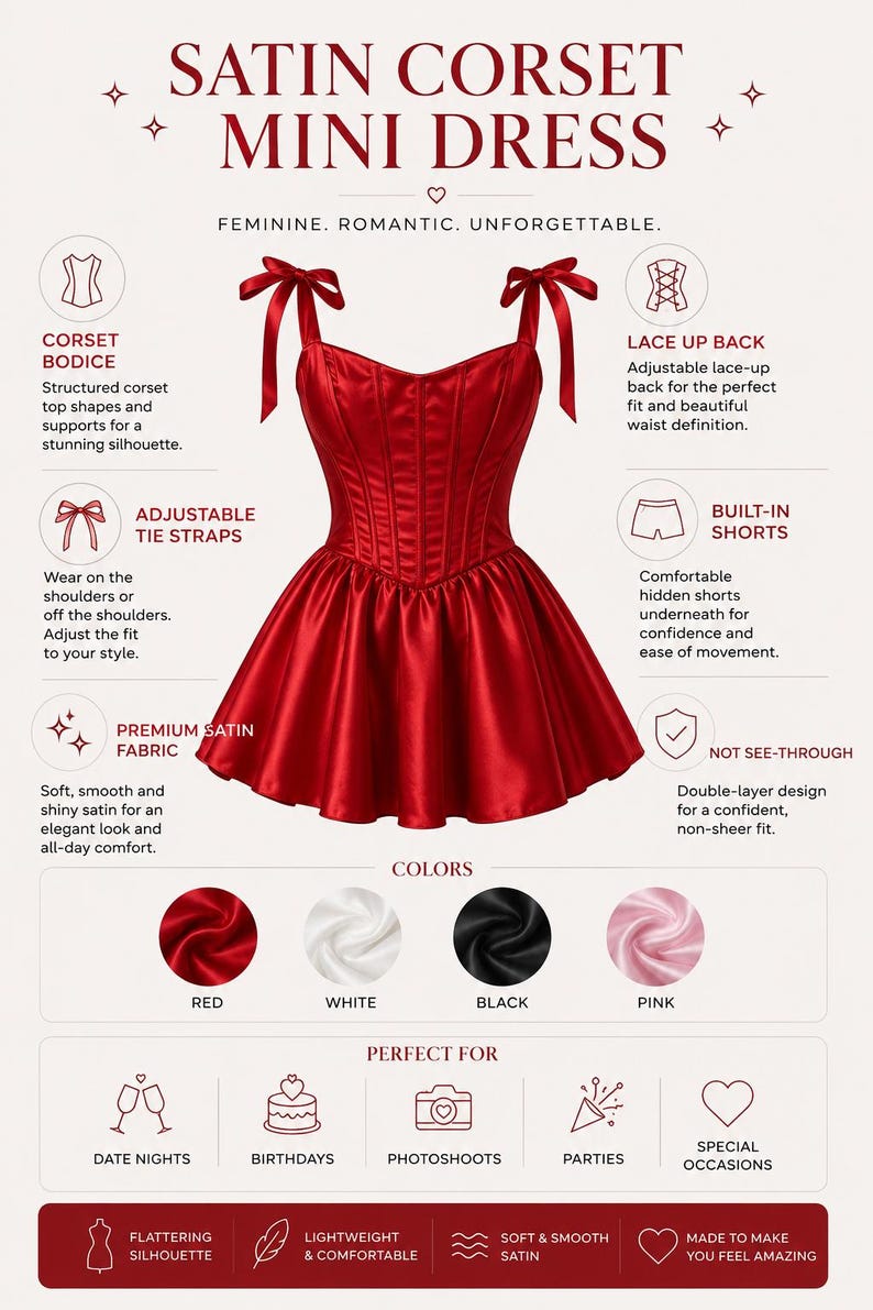 May include: A red satin mini dress with a structured corset bodice, adjustable tie straps, and a flared skirt. The image includes text labels detailing features like a lace-up back, built-in shorts, and a double-layer design, with color swatches for red, white, black, and pink.