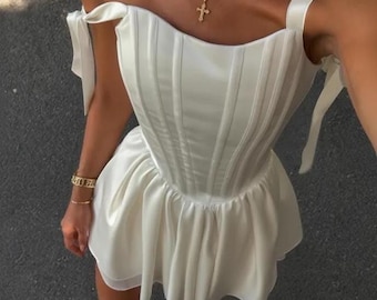 White Satin Corset Mini Dress, Bridal Coquette Dress, Lace Up Back Party Dress, Romantic Reception Dress