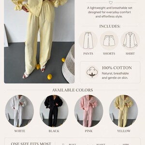 May include: A three-piece cotton set in yellow, white, black, or pink, featuring a long-sleeved button-down shirt, pants, and shorts. The set is made of 100% cotton. Measurements include a bust up to 38.9 inches, waist up to 31.5 inches, and hips up to 39.3 inches.