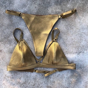 Genuine leather lingerie, Real leather underwear, Leather bra, Leather bralette, Handmade leather lingerie, Gold leather bra, Gold bralette