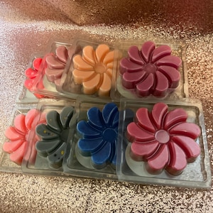 May include: Assortment of eight wax melts in various colours and floral designs. The melts are packaged in clear plastic containers.