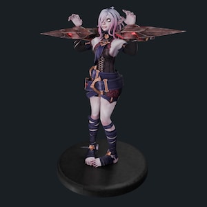 May include: A 3D-printed figurine of a female fantasy character with pale skin, white hair with pink highlights, and dark clothing. The figure is posed with arms raised and is standing on a black circular base.