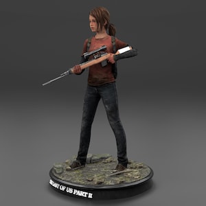 May include: A detailed figurine of a character from "The Last of Us Part II" video game. The figure is wearing a red shirt, dark jeans, and a backpack, holding a rifle with a scope. The base is round with the game's title.
