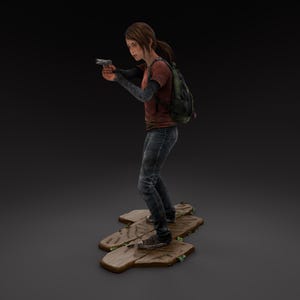 May include: A figurine of a person in a red shirt, blue jeans, and a backpack, holding a handgun. The figure is standing on a wooden platform. The person has brown hair and is looking to the left.