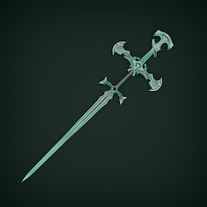 Puede incluir: Una espada de fantasía de color verde azulado con una empuñadura en forma de cruz y detalles ornamentados. La hoja es larga y delgada, con una punta afilada. La empuñadura presenta curvas decorativas y un agarre gris oscuro. La espada está sobre un fondo verde oscuro.