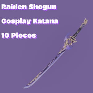 Puede incluir: Un katana de cosplay con una hoja curva e intrincados diseños dorados y morados. El texto de la imagen dice "Raiden Shogun", "Cosplay Katana" y "10 piezas."