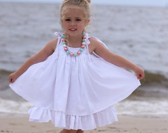 Girls White Dress - White Beach Dress - White Gauze Dress - Twirl Dress - Beach Flower Girl Dress