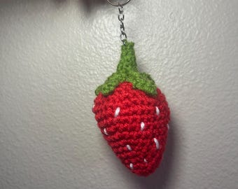 Crochet Strawberry Keychain | Handmade Amigurumi Fruit Keychain | Cute Strawberry Bag Charm | Crochet Fruit Keyring Gift