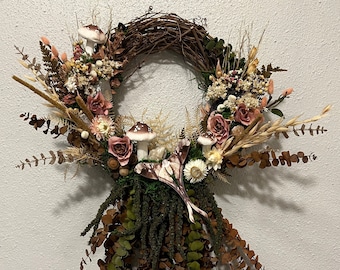 Goblin Core Bog Witch Dried Flower Wreath with Eucalyptus Mushrooms Quartz Crystal Selenite Swallow Tail Moth