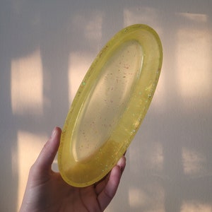 Oval trinket tray, resin catchall, modest jewelry dish, home decor or unique gift. Lemon/lime