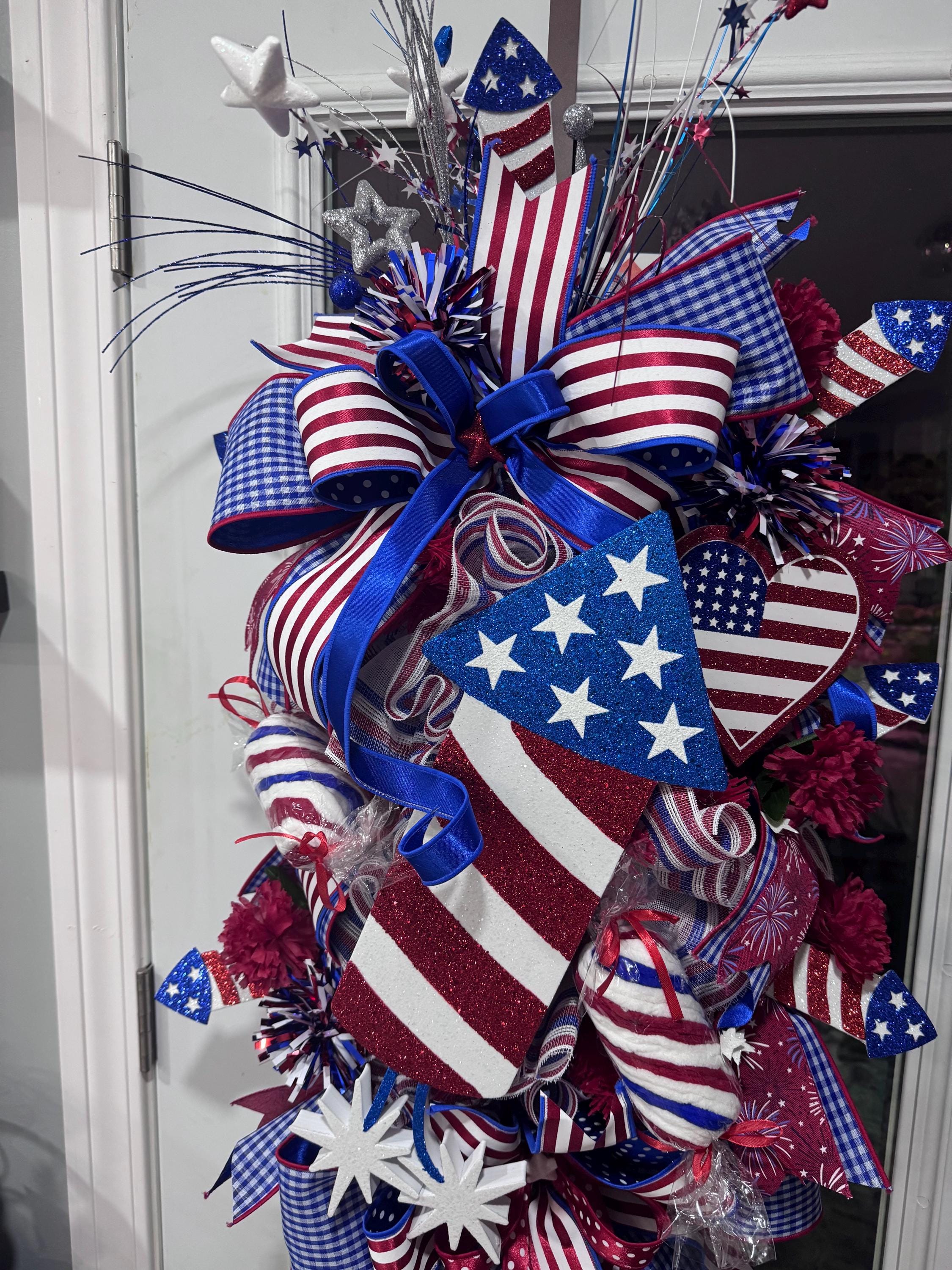 Patriotic Rocket Wreath, Red White Blue Americana Door Decor, 36 Inch ...