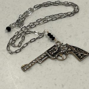 Rhinestone Revolver Pendant Neckace, silver Link chain , lobster claw clasp