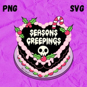 May include: A black and pink heart-shaped cake with white icing and the words "Seasons Creepings" in dripping white icing. A skull is in the centre of the cake and a candy cane is on top. The cake is decorated with green holly leaves and red berries.