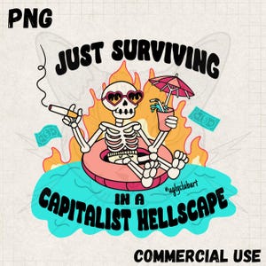 Surviving in a capitalist hellscape skull, PNG, Direct Thermal Transfer, DTF, Sublimation, Digital Download