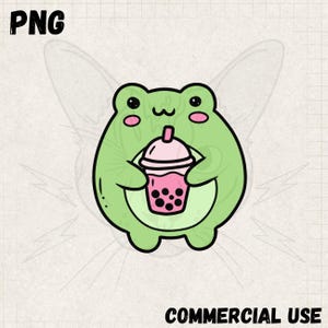 Puede incluir: Ilustración de dibujos animados de una rana verde sosteniendo un té de burbujas rosa. La rana tiene ojos negros y mejillas rosas. La imagen incluye el texto "PNG" en la parte superior y "COMMERCIAL USE" en la parte inferior.