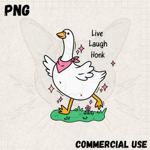 Puede incluir: Ilustración de dibujos animados de un ganso blanco con un pañuelo rosa, caminando sobre hierba verde. El ganso tiene patas amarillas y un pico amarillo. El texto "Live Laugh Honk" está escrito junto al ganso. Brillos rosas rodean al ganso.