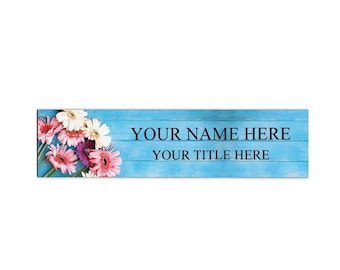Floral Blue Personalized Name Plate: Laser Engraved Desk or Wall Decor