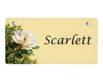 Etiqueta para jaula de mascotas con diseño de flor de magnolia, personalizada con el nombre de tu perro.