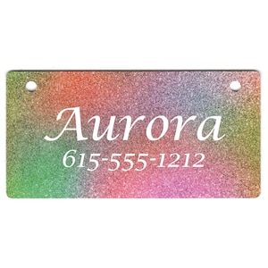 May include: A rainbow glitter pet ID tag with the name "Aurora" and phone number "615-555-1212" printed in white.
