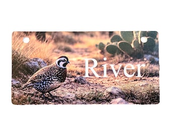 Montezuma Quail in the Hills Design Crate Tag Personalized with Your Dog's Name