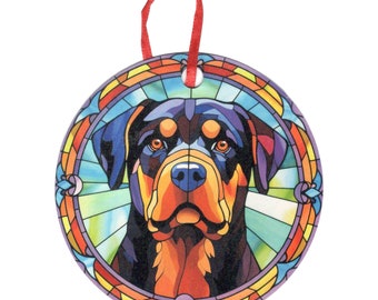 Rottweiler Up Close Stained Glass Design Holographic Ornament