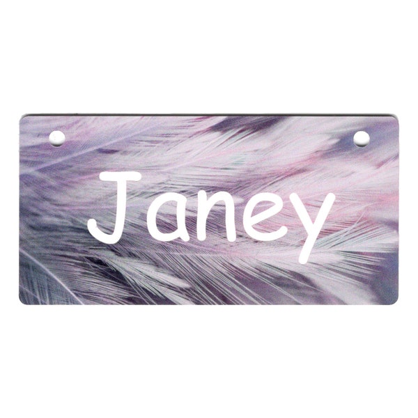 Pink and Grey Feathers Design Crate Tag Personalized with Your Dog's Name