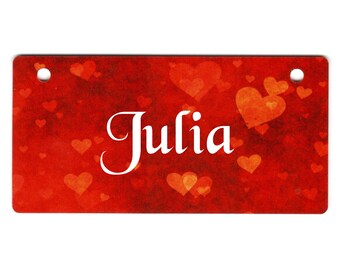 Scattered Hearts on Red Design Crate Tag Personalized with Your Dog's Name