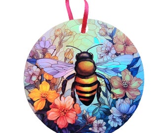 Bee 6 in the Flowers Background Design Holographic Ornament