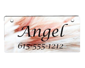 Personalized Dog Crate Tag: White Feathers Design (5x2.5 inch)