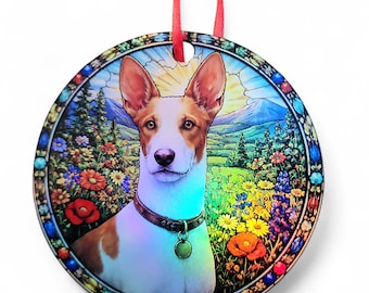 Adorno holográfico para perro de Ibizan Smooth en un campo de flores