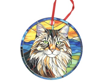 Maine Coon Cat 1 Stained Glass Design Holographic Ornament